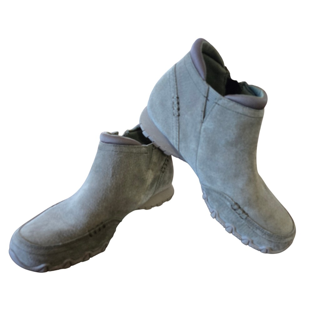 Skechers Bikers Olive Green Suede Ankle Boots Side Zip Moc Toe Booties Womens 6